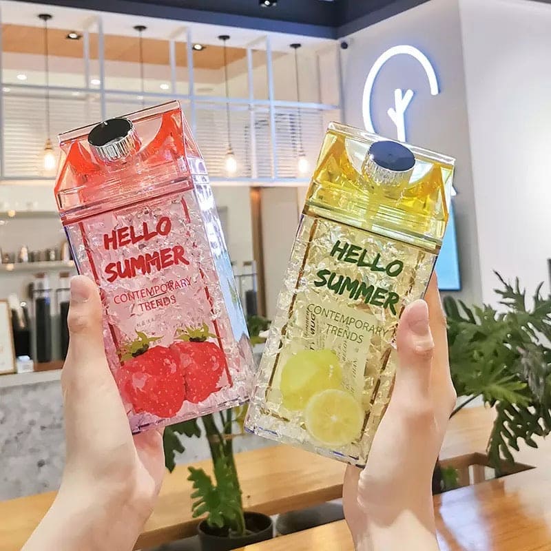 Hello Summer Water Bottle, Double Straw Cold Drink Cup, Creative Milk Box Style Water Bottle, Outdoor Thermos Cup, Summer Glass Drinking Water Bottle Hello Summer Water Bottle, Double Straw Cold Drink Cup, Creative Milk Box Style Water Bottle, Outdoor Thermos Cup, Summer Glass Drinking Water Bottle